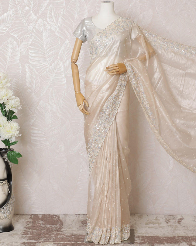 Beige Premium pure silk organza saree with multicolor sequin work in floral design-D16143