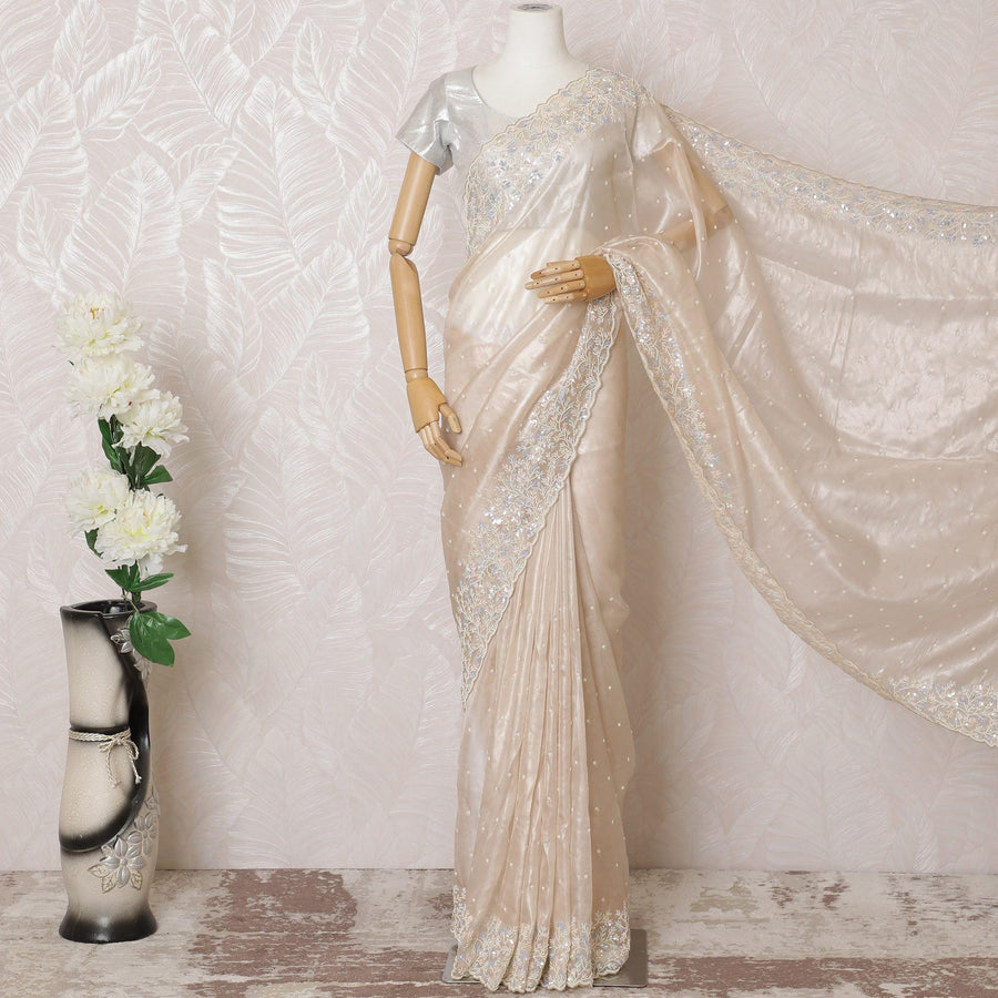 Beige Premium pure silk organza saree with multicolor sequin work in floral design-D16143