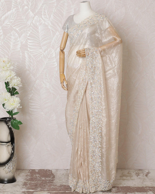 Beige Premium pure silk organza saree with multicolor sequin work in floral design-D16143