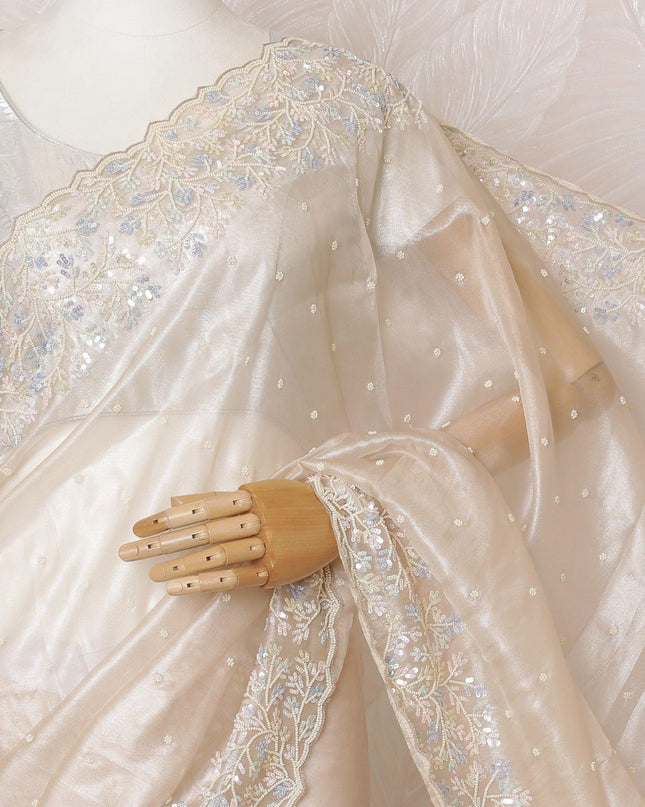 Beige Premium pure silk organza saree with multicolor sequin work in floral design-D16143