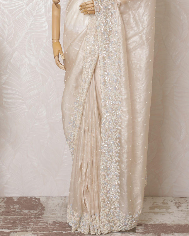Beige Premium pure silk organza saree with multicolor sequin work in floral design-D16143