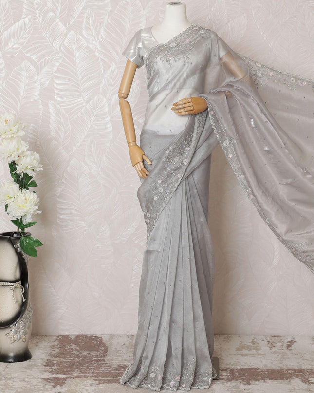Silver grey Premium pure silk organza saree with multicolor sequin work, bead work in floral design-D16144