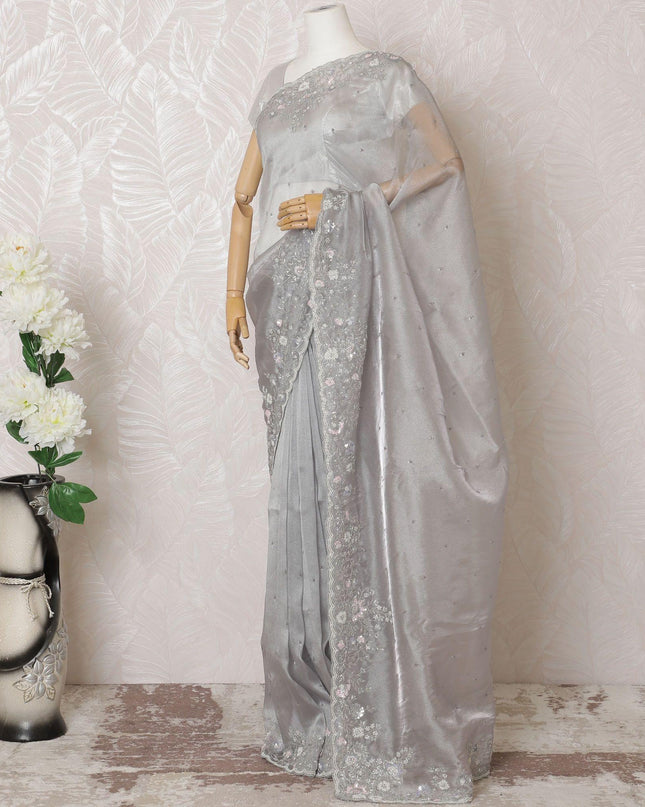 Silver grey Premium pure silk organza saree with multicolor sequin work, bead work in floral design-D16144