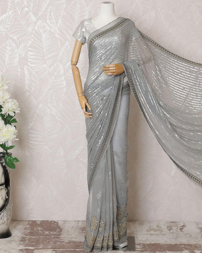 Pearl grey Premium pure silk chiffon saree with sequin work in stripe design-D16147