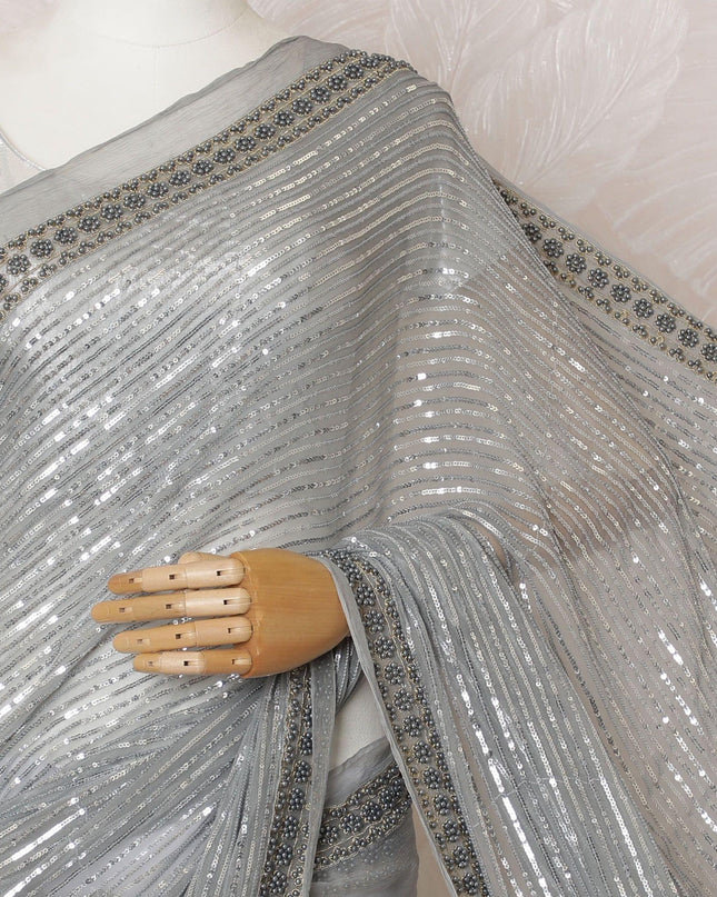 Pearl grey Premium pure silk chiffon saree with sequin work in stripe design-D16147