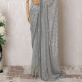 Pearl grey Premium pure silk chiffon saree with sequin work in stripe design-D16147