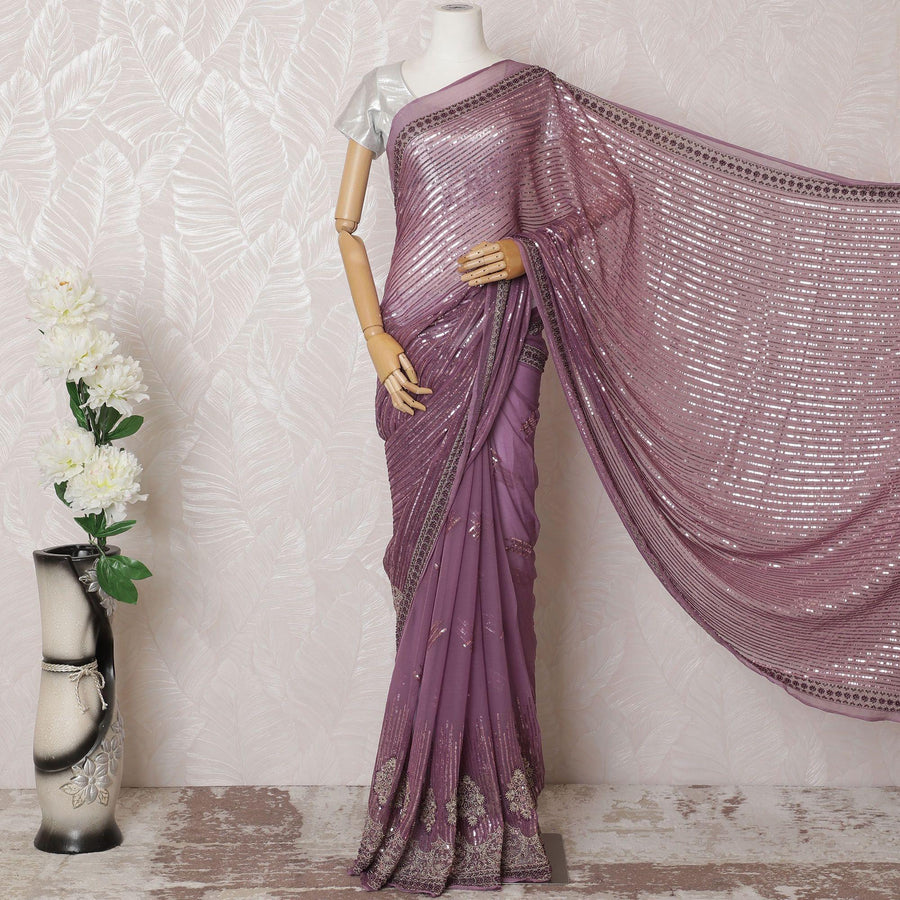 ساري شيفون من الحرير الخالص الفاخر باللون الوردي الخمري مع عمل بالترتر بتصميم مخطط -D16148