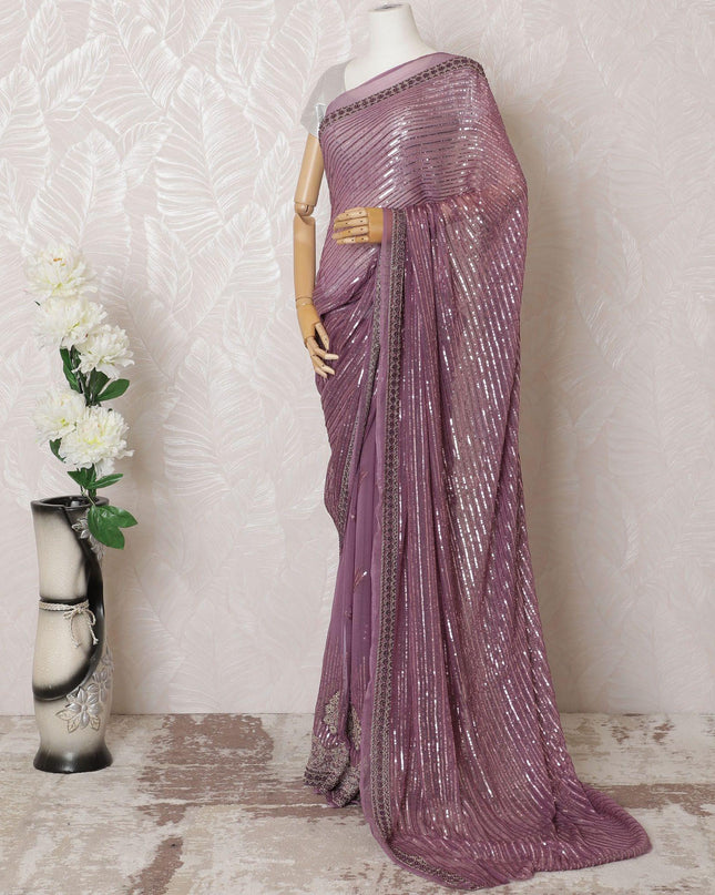 Wine pink Premium pure silk chiffon saree with sequin work in stripe design-D16148