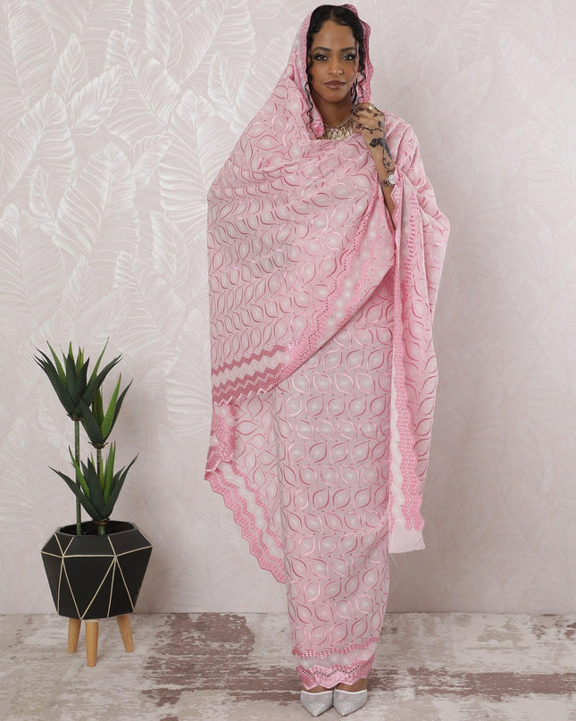 Baby pink premium pure Swiss cotton voile thobe with same tone, silver embroidery having stone work in floral design-D16205