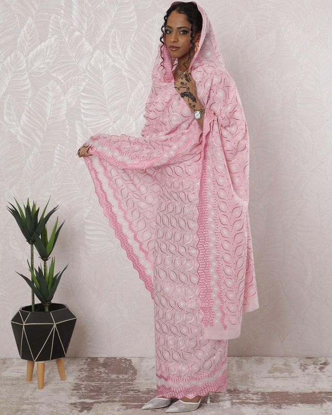 Baby pink premium pure Swiss cotton voile thobe with same tone, silver embroidery having stone work in floral design-D16205