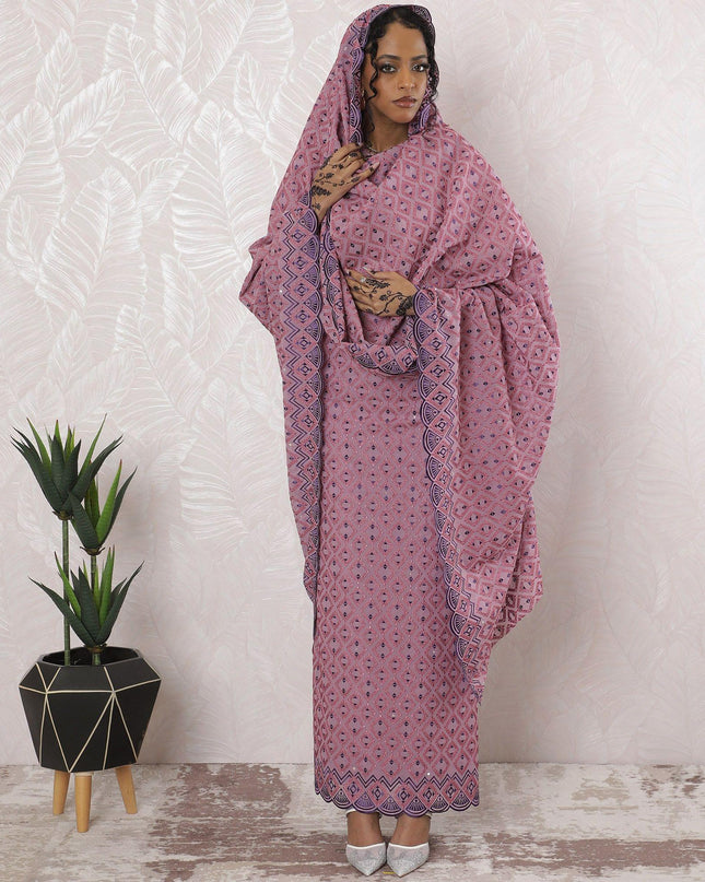 Light plum premium pure Swiss cotton voile thobe with hot pink, purple embroidery having stone work in abstract design-D16206