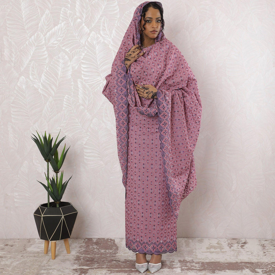 Light plum premium pure Swiss cotton voile thobe with hot pink, purple embroidery having stone work in abstract design-D16206