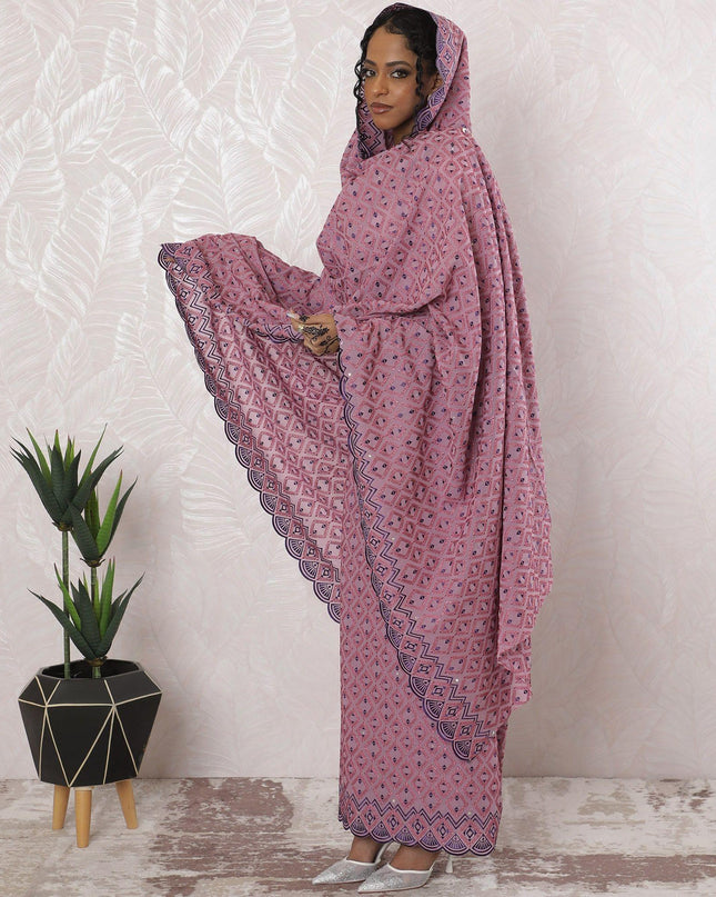 Light plum premium pure Swiss cotton voile thobe with hot pink, purple embroidery having stone work in abstract design-D16206