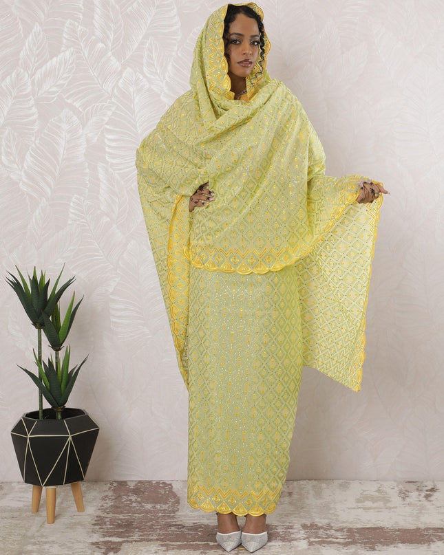 Blonde yellow premium pure Swiss cotton voile thobe with same tone, mint green embroidery having stone work in abstract design-D16207