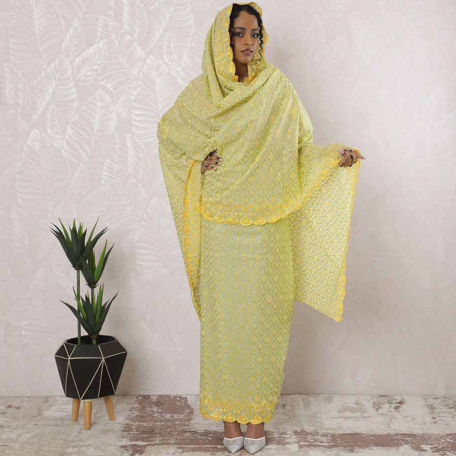 Blonde yellow premium pure Swiss cotton voile thobe with same tone, mint green embroidery having stone work in abstract design-D16207