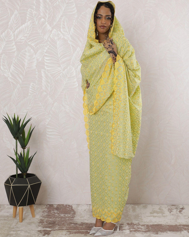 Blonde yellow premium pure Swiss cotton voile thobe with same tone, mint green embroidery having stone work in abstract design-D16207