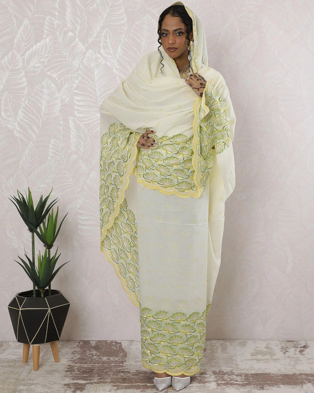 Cream Premium pure Swiss cotton voile thobe with lavender, beige and silver embroidery having stone work in floral design-D16209 Regal Fabrics