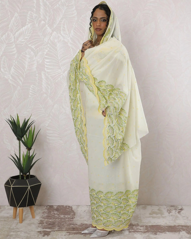 Cream Premium pure Swiss cotton voile thobe with lavender, beige and silver embroidery having stone work in floral design-D16209 Regal Fabrics