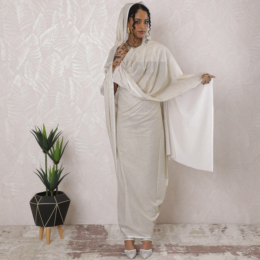 Cream Premium pure Swiss cotton voile thobe with gold glitter in plain design-D16212