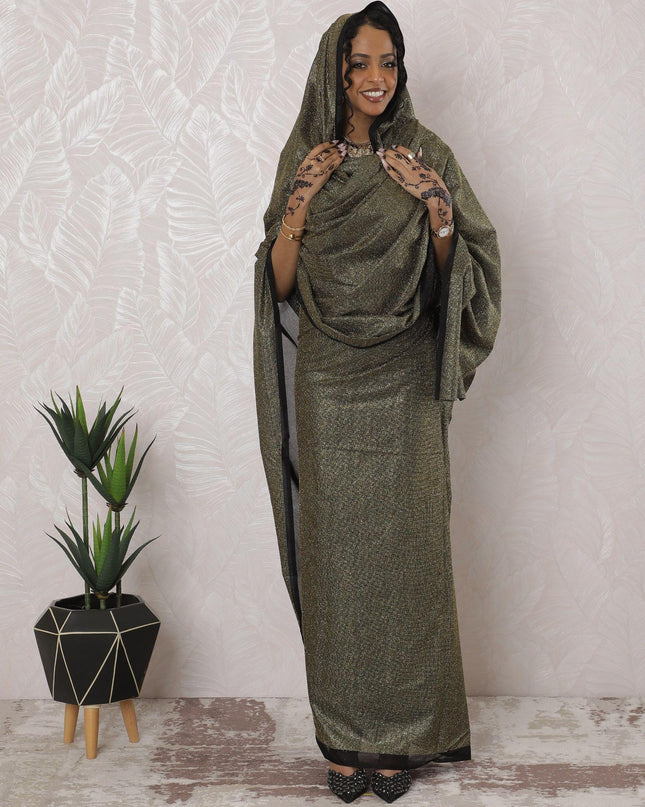 Black Premium pure Swiss cotton voile thobe with gold glitter in plain design-D16213