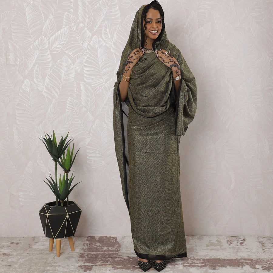 Black Premium pure Swiss cotton voile thobe with gold glitter in plain design-D16213