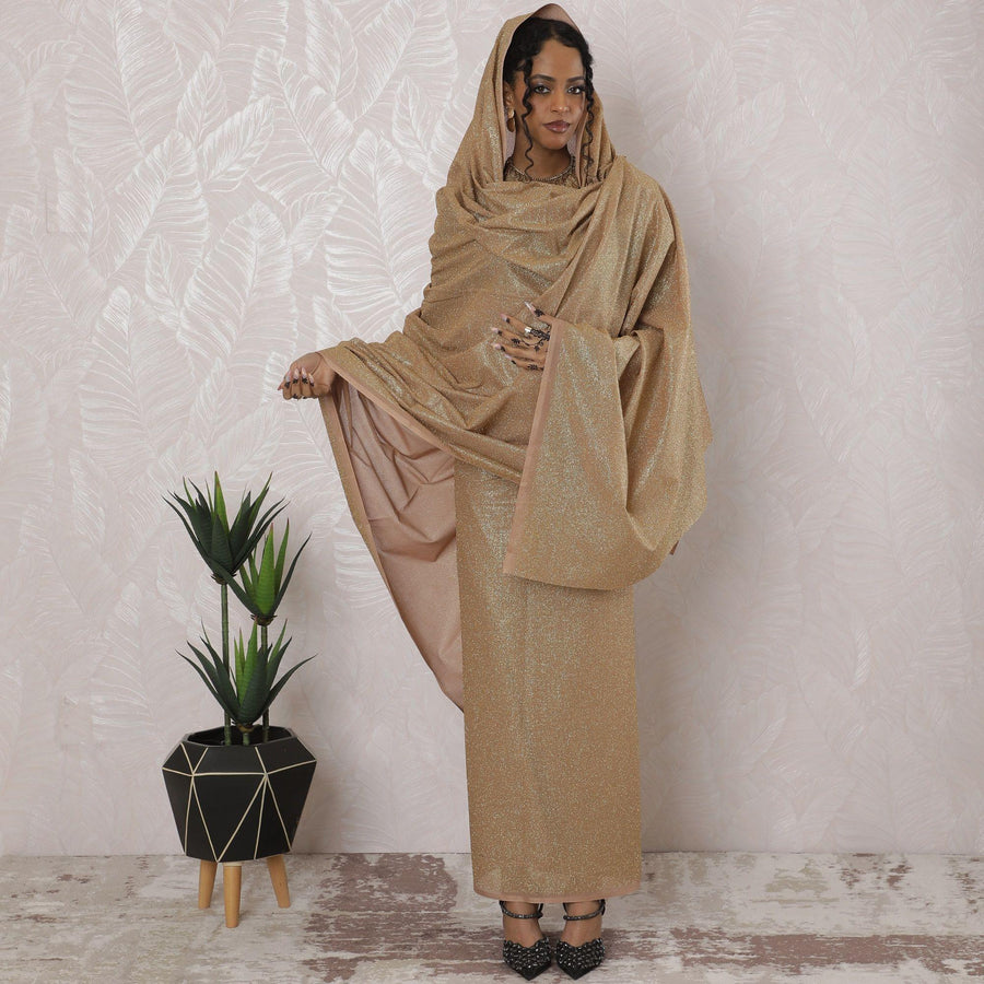 Pale brown Premium pure Swiss cotton voile thobe with gold glitter in plain design-D16214