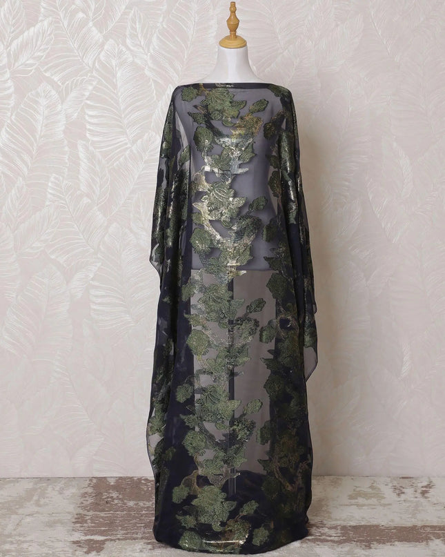 Navy blue Premium pure French (Fransawi) silk chiffon dirac fabric with olive green viscose and gold metallic lurex in floral design-D16225 Regal Fabrics