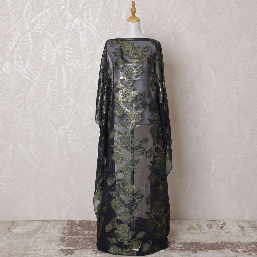 Navy blue Premium pure French (Fransawi) silk chiffon dirac fabric with olive green viscose and gold metallic lurex in floral design-D16225
