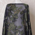 Navy blue Premium pure French (Fransawi) silk chiffon dirac fabric with olive green viscose and gold metallic lurex in floral design-D16225