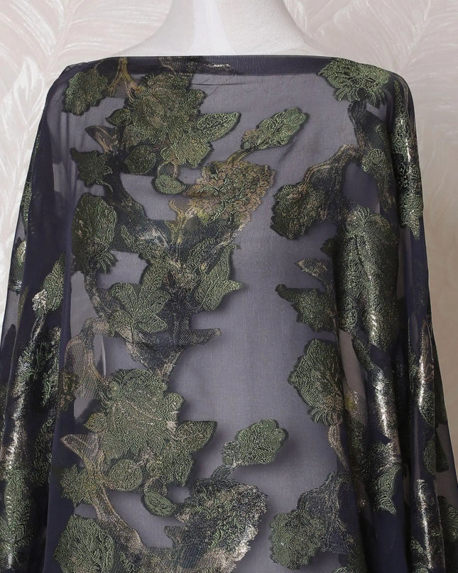 Navy blue Premium pure French (Fransawi) silk chiffon dirac fabric with olive green viscose and gold metallic lurex in floral design-D16225 Regal Fabrics
