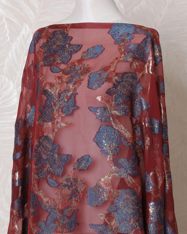Crimson red Premium pure French (Fransawi) silk chiffon dirac fabric with blue viscose and gold metallic lurex in floral design-D16226