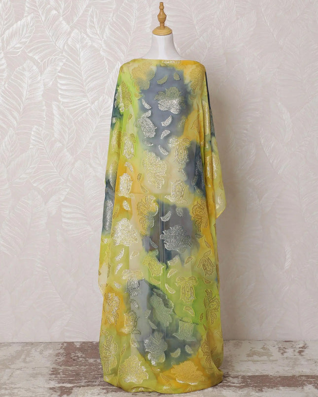 Multicolor Premium pure French (Fransawi) hand printed silk chiffon dirac fabric with gold metallic lurex in floral design-D16231 Regal Fabrics