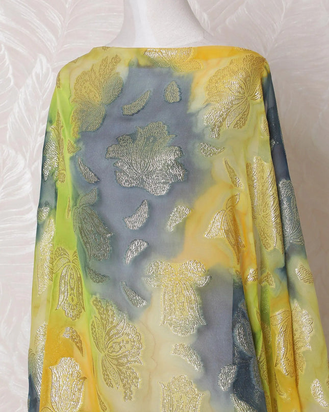 Multicolor Premium pure French (Fransawi) hand printed silk chiffon dirac fabric with gold metallic lurex in floral design-D16231 Regal Fabrics