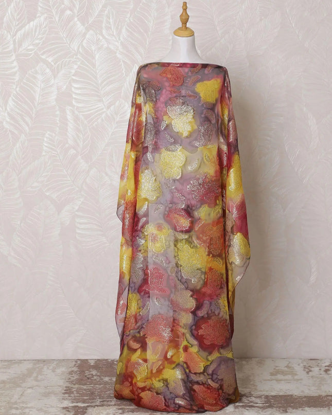 Multicolor Premium pure French (Fransawi) hand printed silk chiffon dirac fabric with gold metallic lurex in floral design-D16234 Regal Fabrics