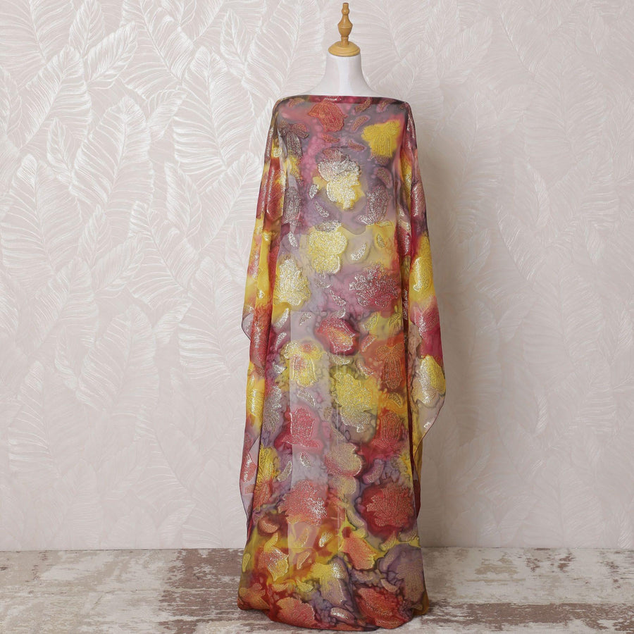 Multicolor Premium pure French (Fransawi) hand printed silk chiffon dirac fabric with gold metallic lurex in floral design-D16234