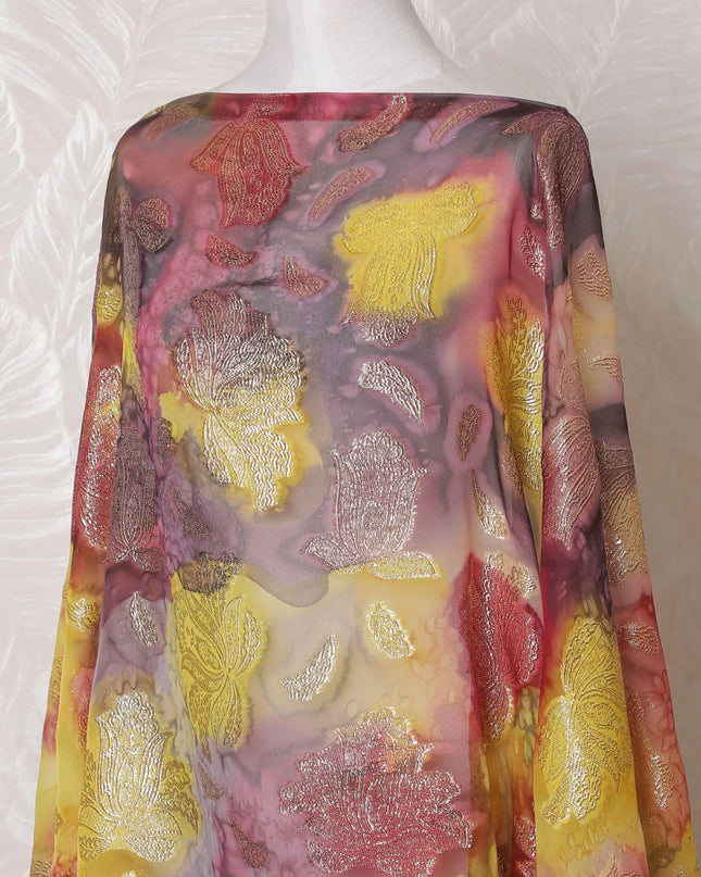 Multicolor Premium pure French (Fransawi) hand printed silk chiffon dirac fabric with gold metallic lurex in floral design-D16234 Regal Fabrics