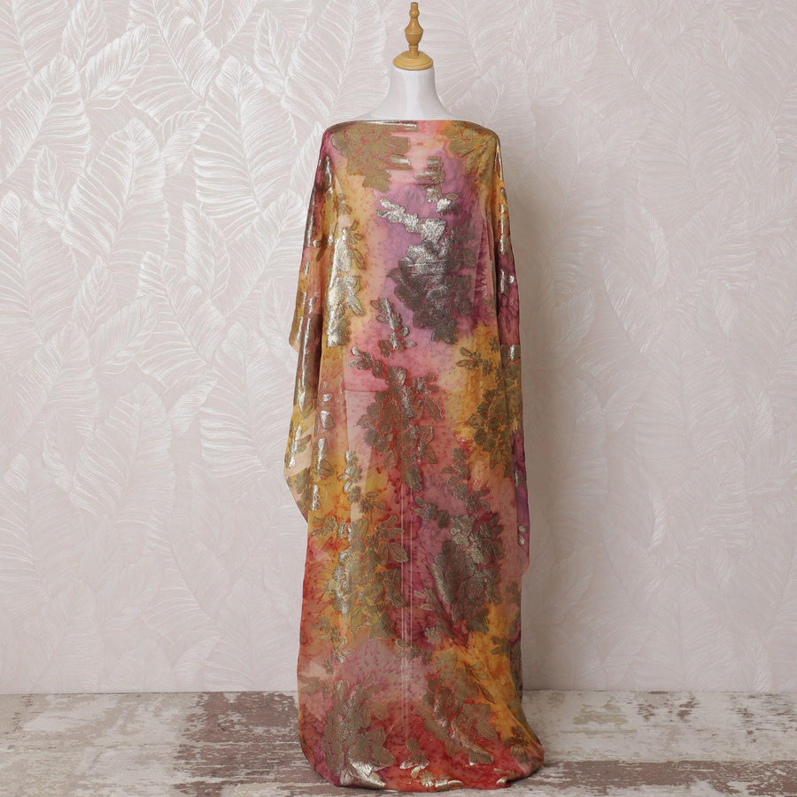 Multicolor Premium pure French (Fransawi) hand printed silk chiffon dirac fabric with gold metallic lurex in floral design-D16237