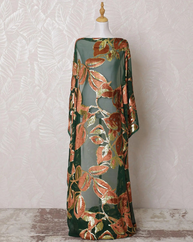 Forest green Premium pure silk chiffon velvet makmal dirac fabric with copper brown print having gold metallic lurex in floral design-D16238 Regal Fabrics