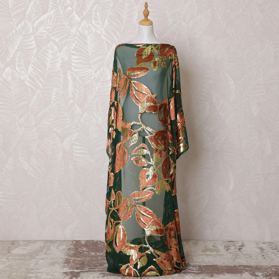 Forest green Premium pure silk chiffon velvet makmal dirac fabric with copper brown print having gold metallic lurex in floral design-D16238