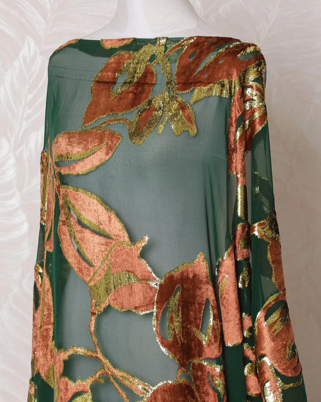 Forest green Premium pure silk chiffon velvet makmal dirac fabric with copper brown print having gold metallic lurex in floral design-D16238 Regal Fabrics