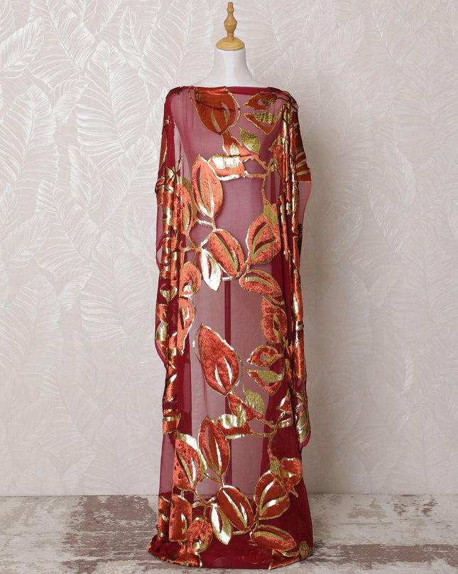 قماش ماكمال ديراك من الحرير الخالص باللون العنابي الفاخر مع طباعة بنية نحاسية مع لوريكس معدني ذهبي بتصميم زهور-D16239