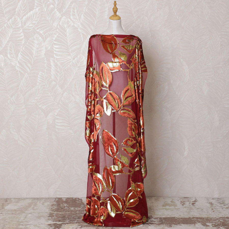 Burgundy Premium pure silk chiffon velvet makmal dirac fabric with copper brown print having gold metallic lurex in floral design-D16239