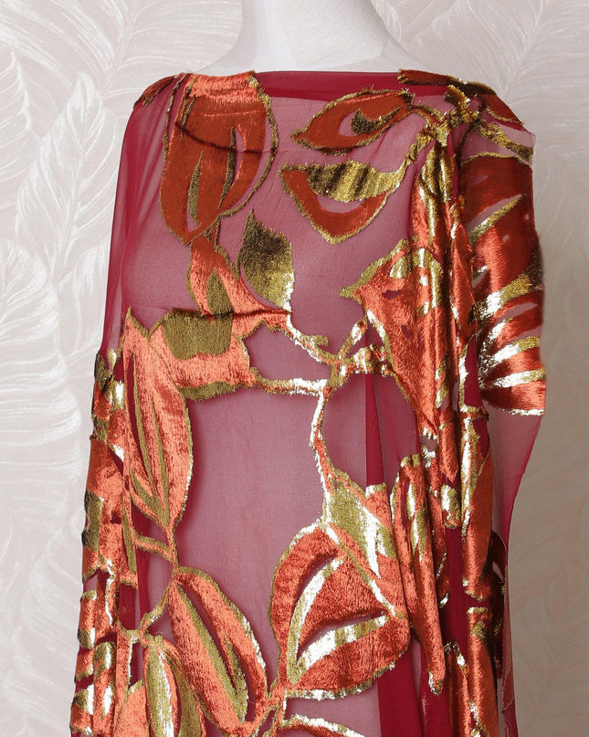 قماش ماكمال ديراك من الحرير الخالص باللون العنابي الفاخر مع طباعة بنية نحاسية مع لوريكس معدني ذهبي بتصميم زهور-D16239