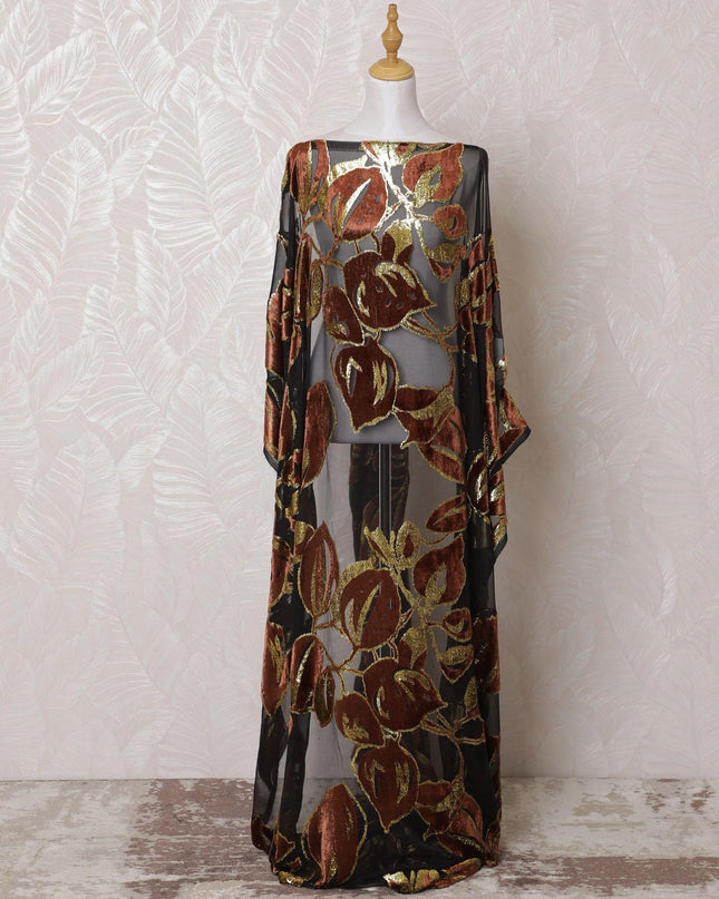 Black Premium pure silk chiffon velvet makmal dirac fabric with copper brown print having gold metallic lurex in floral design-D16241