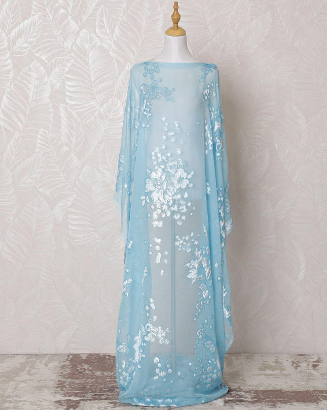 Sky blue Premium pure silk chiffon velvet makmal dirac fabric with same tone print and metallic lurex in abstract design-D16245