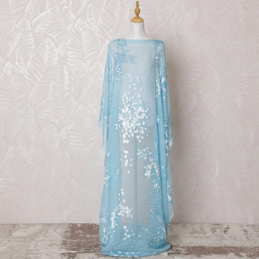 Sky blue Premium pure silk chiffon velvet makmal dirac fabric with same tone print and metallic lurex in abstract design-D16245