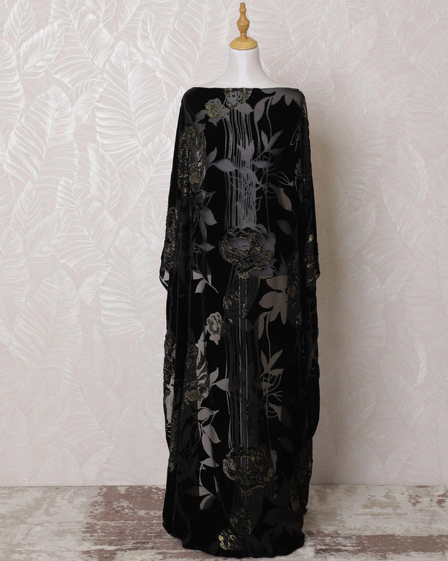 Black Premium pure silk chiffon velvet makmal dirac fabric with same tone print and gold glitter in floral design-D16246