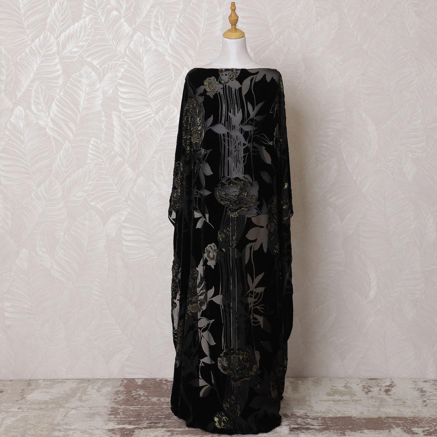 Black Premium pure silk chiffon velvet makmal dirac fabric with same tone print and gold glitter in floral design-D16246