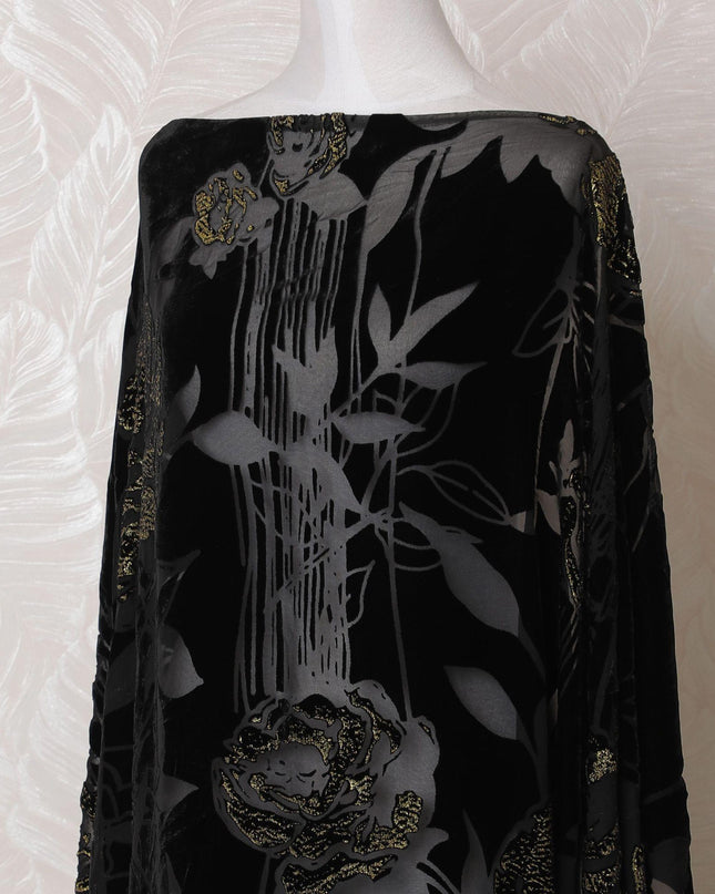 Black Premium pure silk chiffon velvet makmal dirac fabric with same tone print and gold glitter in floral design-D16246