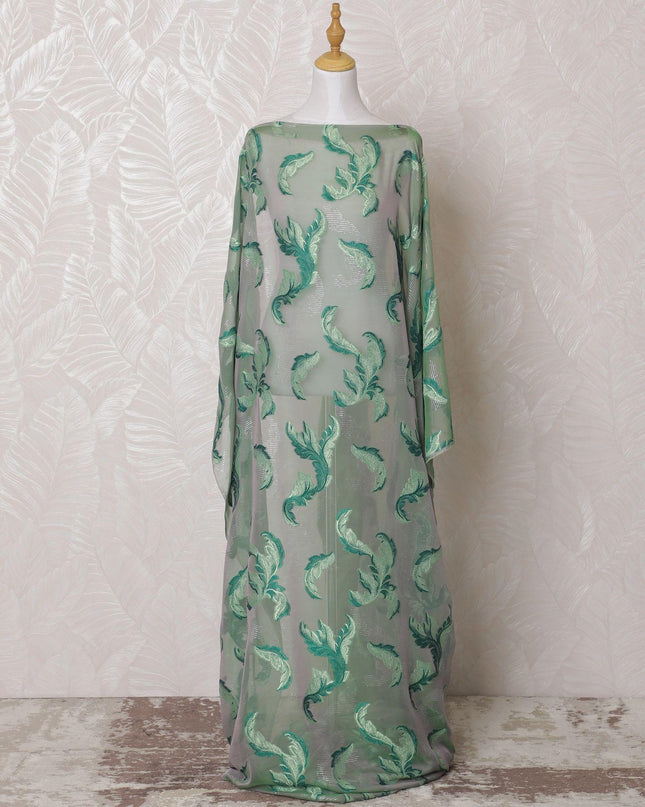 قماش ديراك من الشيفون الحريري الفرنسي الخالص (الفرنساوي) باللون الأخضر الغار بنفس اللون، ولوريكس معدني أخضر ووردي بتصميم زهور -D16249